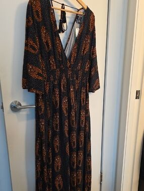 Simons Black Maxi Dress with Orange Abstract Print NWT